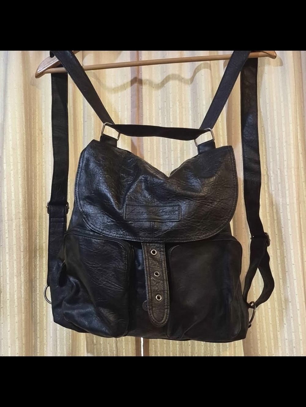 American Eagle Black Faux Leather Convertible Backpack Shoulder Bag Crossbody